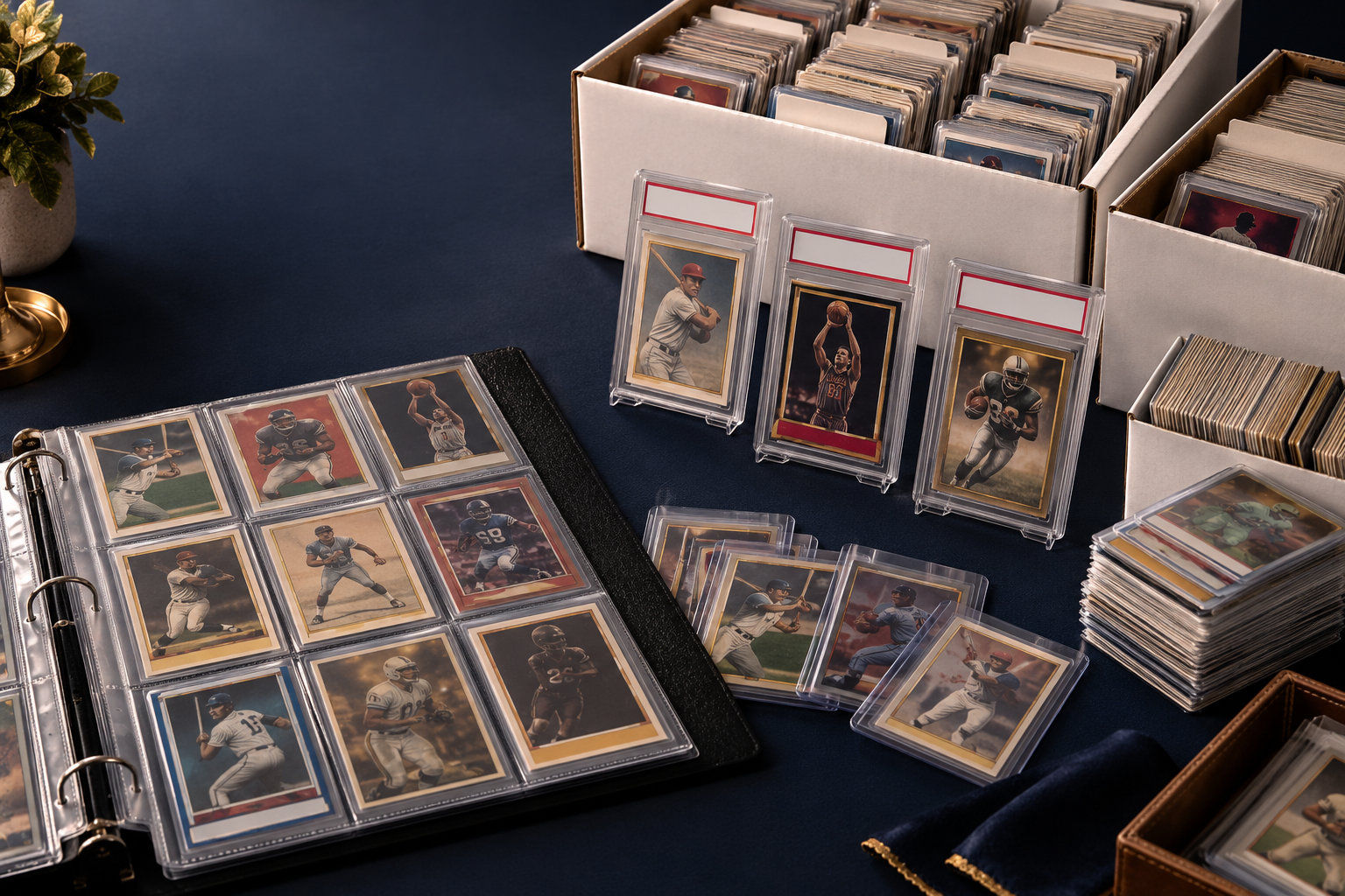 Sports-card collection with storage boxes, a binder, raw cards, and graded cards